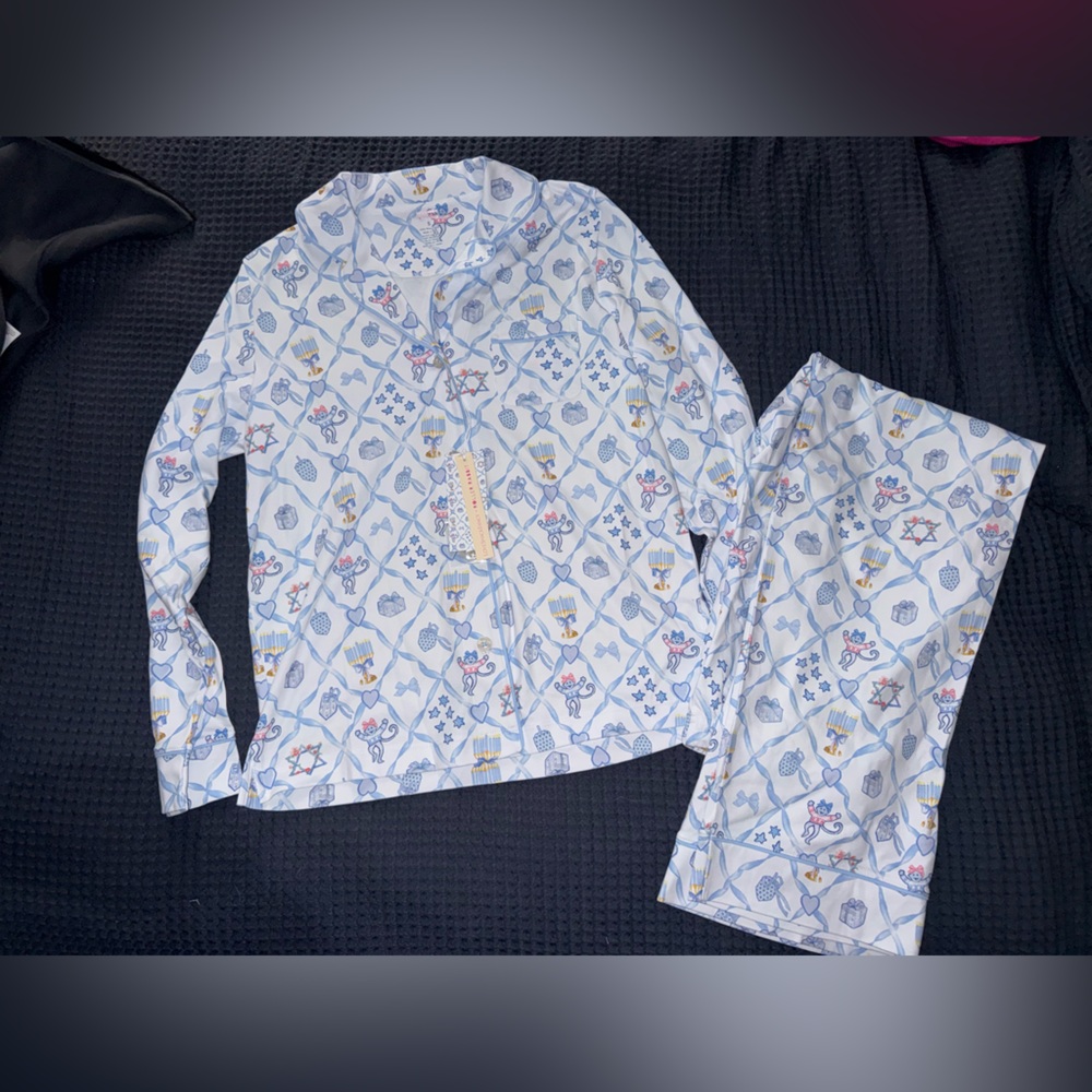 LoveShackFancy X Roller Rabbit Starry Nights Lattice Long Sleeve Polo Pajamas